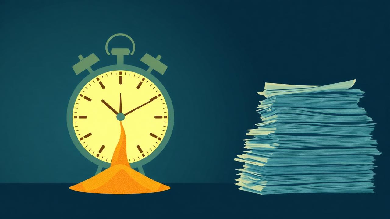 Glowing clock with hours leaking into a stack of paperwork