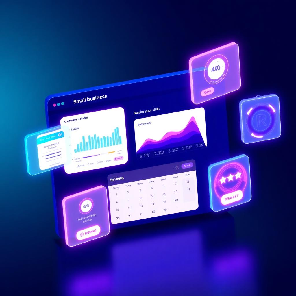 Modern small business website dashboard showing lead capture, analytics, booking, chat, and reviews.